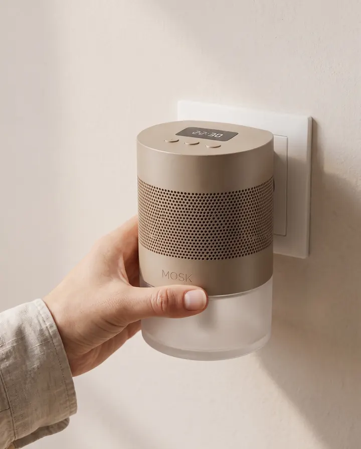 Une main branche un diffuseur MOSK sable sur une prise murale.