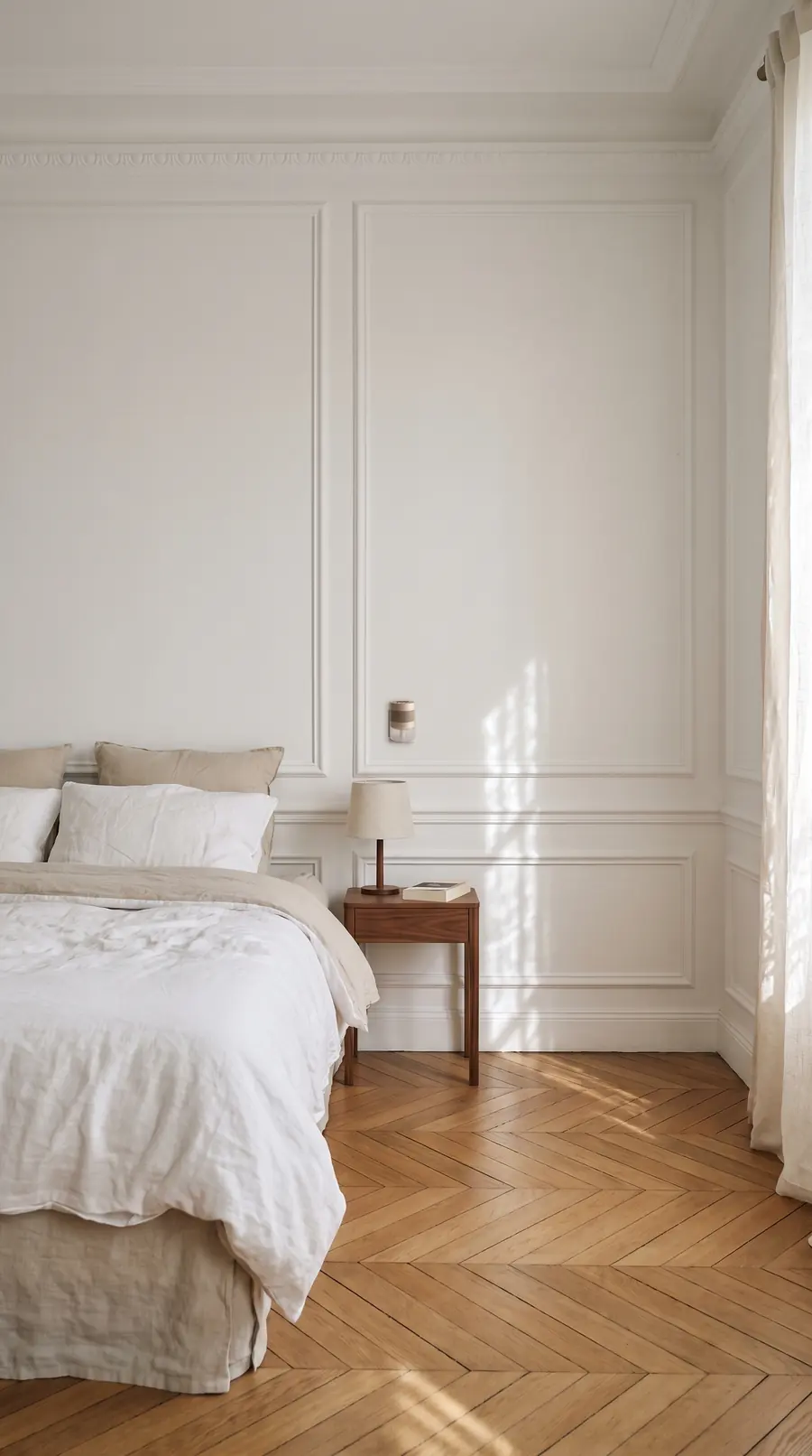 Chambre parisienne : murs blancs à moulures, parquet en point de Hongrie, lit en lin blanc et table de chevet en noyer. Un diffuseur MOSK sable est fixé au mur au-dessus de la table de chevet.