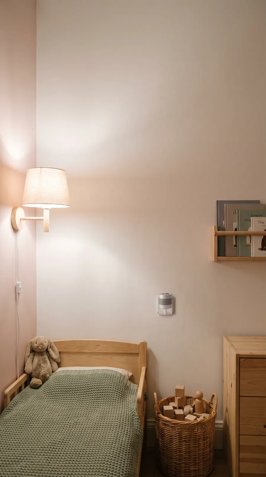 Chambre d'enfant aux murs rose poudré : petit lit en bois, couverture en tricot vert sauge, lapin en peluche, applique en tissu. Un diffuseur MOSK aluminium est fixé au mur au-dessus d'une commode.