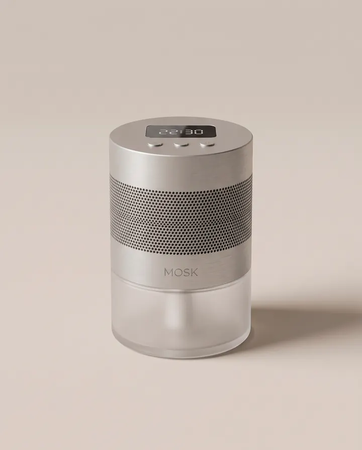 Diffuseur MOSK finition aluminium, vue de trois-quarts.
