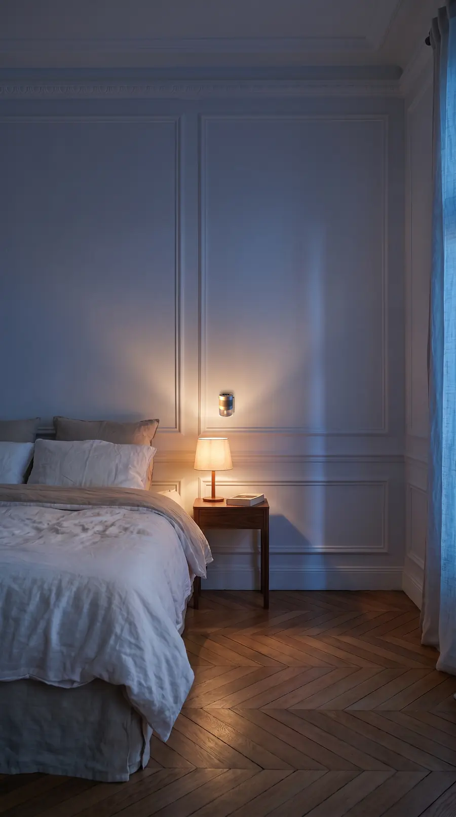 La même chambre le soir : lumière bleue du crépuscule, lampe de chevet allumée, l'écran du diffuseur MOSK affiche 22:30.